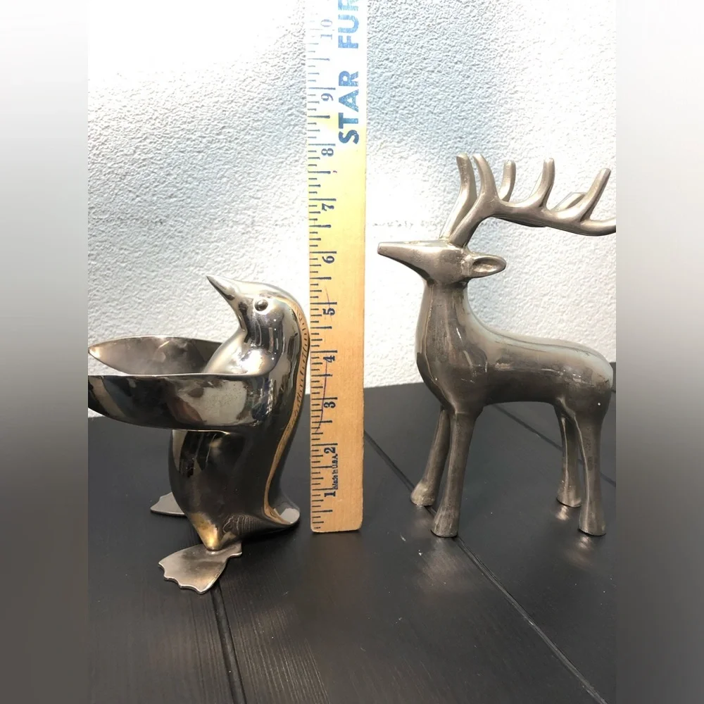 Restoration Hardware Silver Metal Decorative Figurines - Reindeer & Penguin